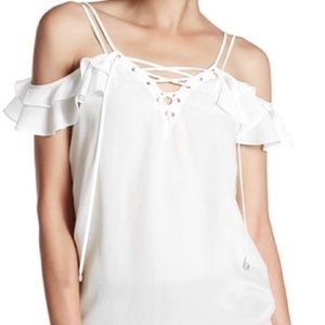 The Kooples lace-up cold-shoulder silk ruffle top